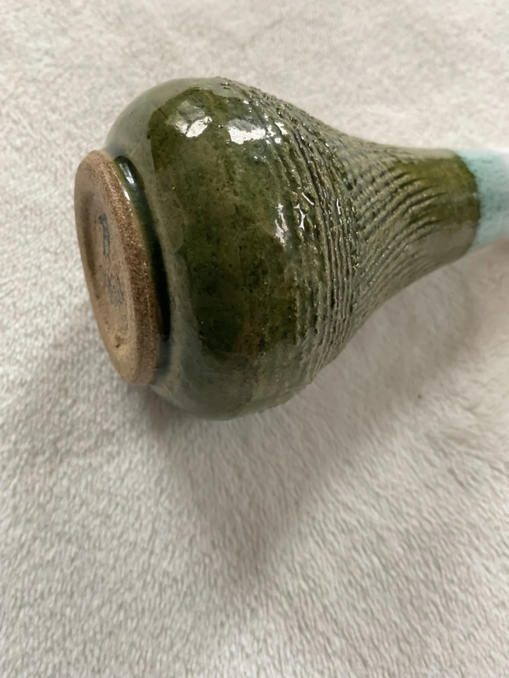 Signed Studio Pottery Bud Vase Green Drip Glaze Textured Art Pottery 4.5”